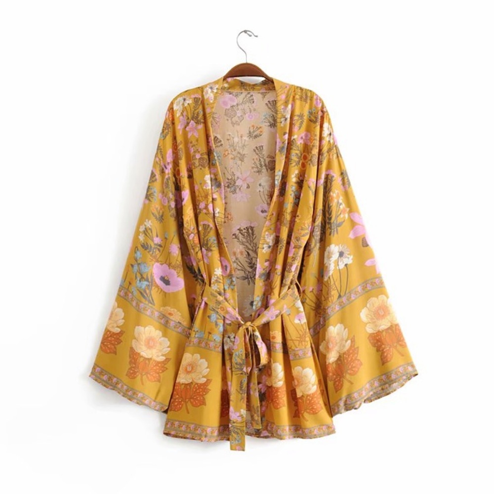 SOLD OUT Vintage Golden Floral Boho Kimono Robe Wrap Top - Picture 7 of 8